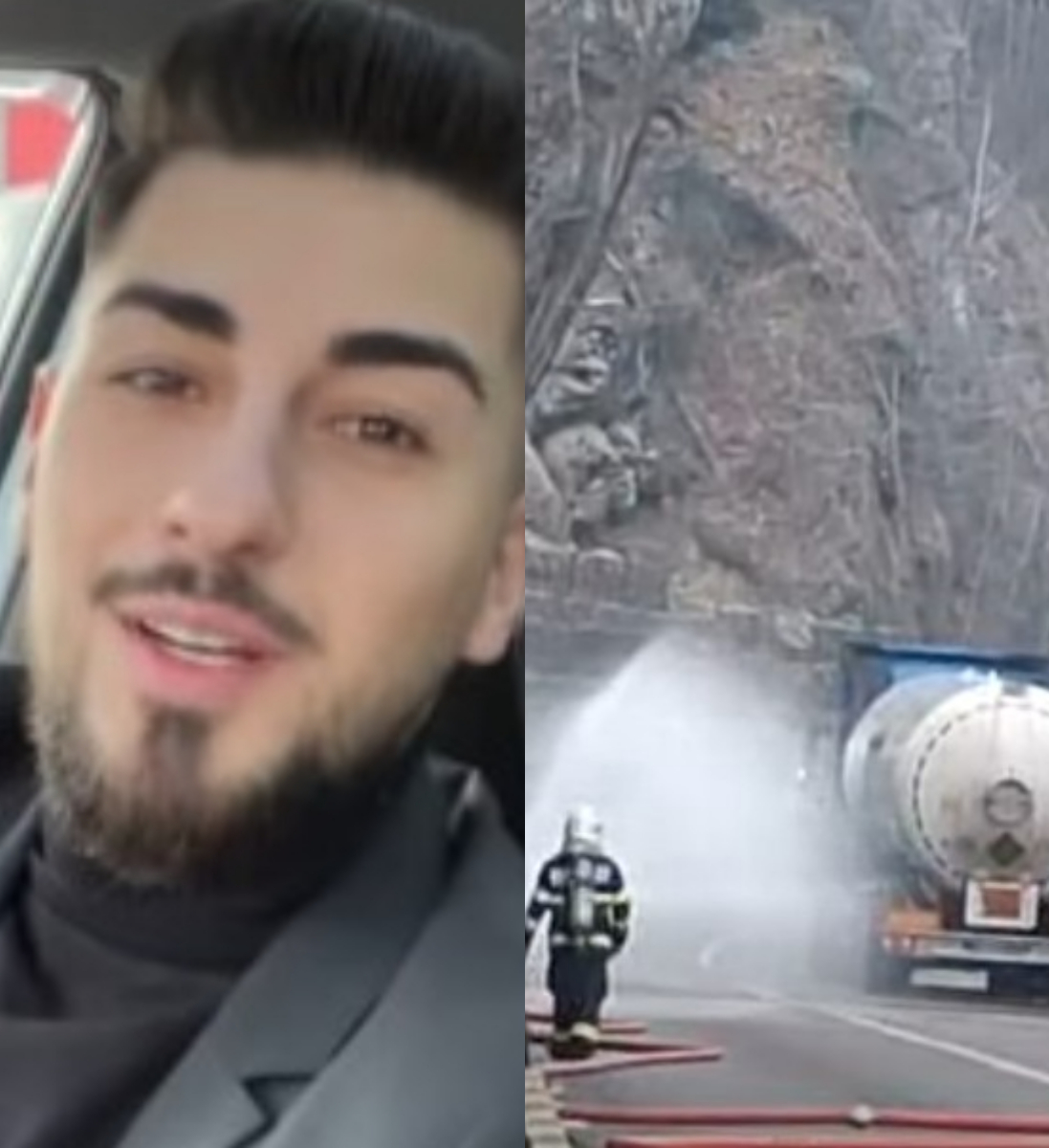 Patrick și Bianca Giurcă, surprinși în spatele cisternei cu scurgeri de gaze pe Valea Oltului.